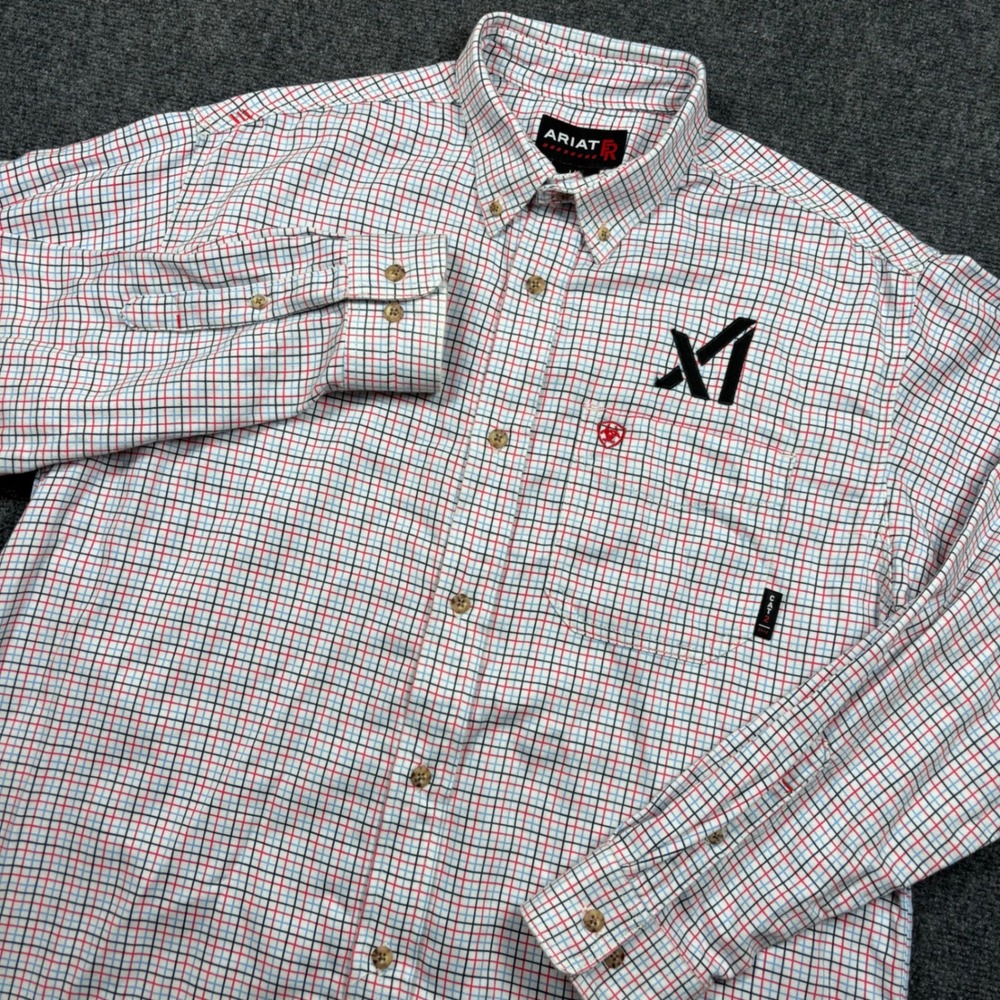 Ariat FR Work Shirt Mens L White Plaid xAI Logo CAT 2 Embroidered